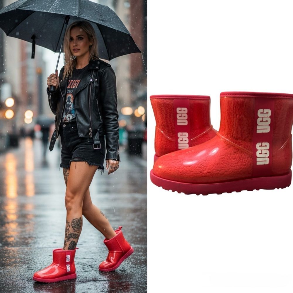 UGG Women's Classic Clear And Red Short Waterproof Boots Size 9